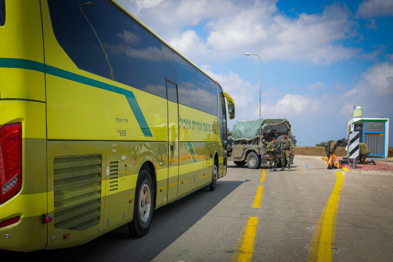 Israeli soldiers block a road near the border with the Gaza Strip, May 9, 2023. Credit: Flash90.