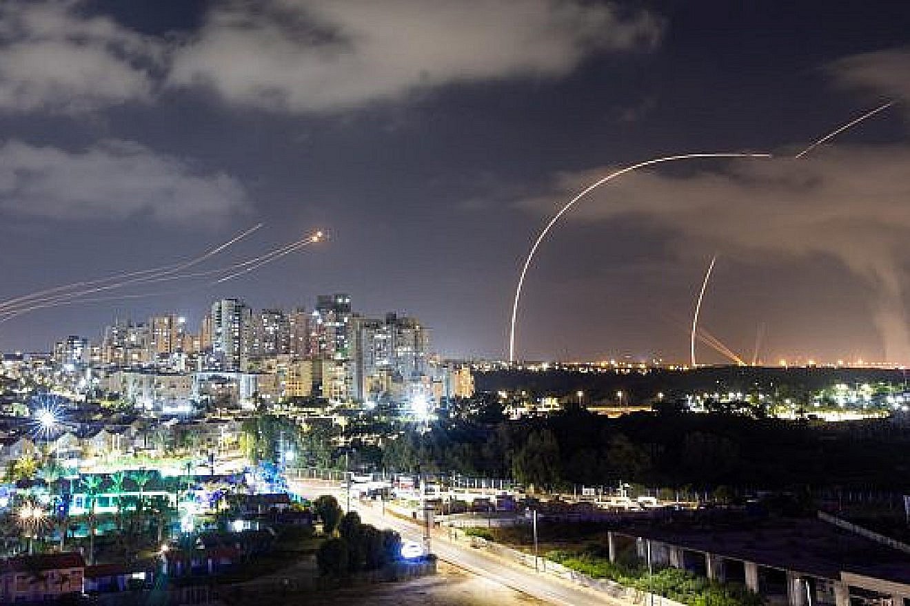 Israel's Iron Dome system launches interceptors at rockets fired from the Gaza Strip, as seen from Ashkelon, on May 13, 2023. Photo by Yossi Aloni/Flash90.