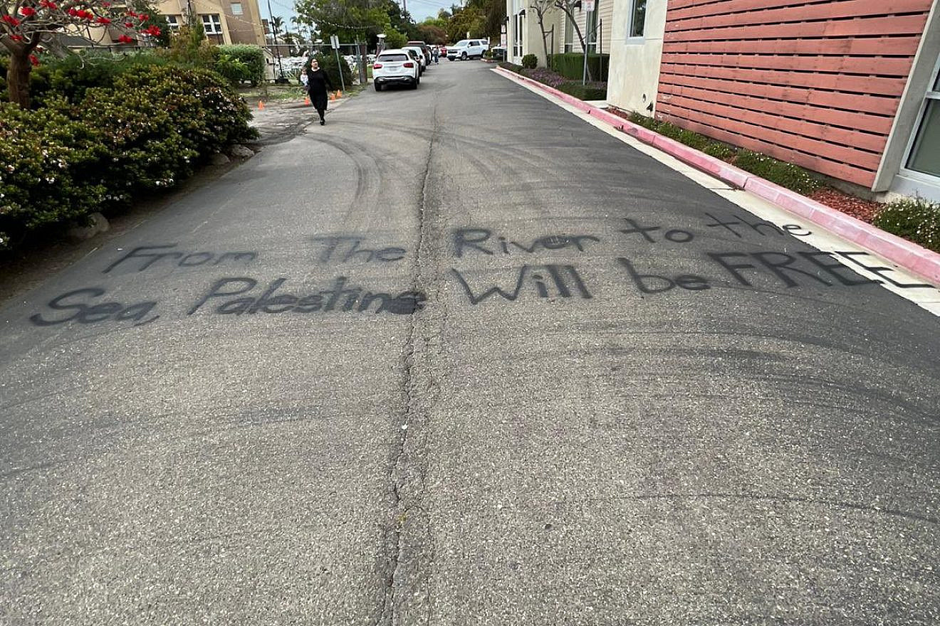 “From the River to the Sea, Palestine Will Be Free” was spray-painted on a street outside Chabad at the University of California, Santa Barbara, May 2023. Source: X/Twitter.