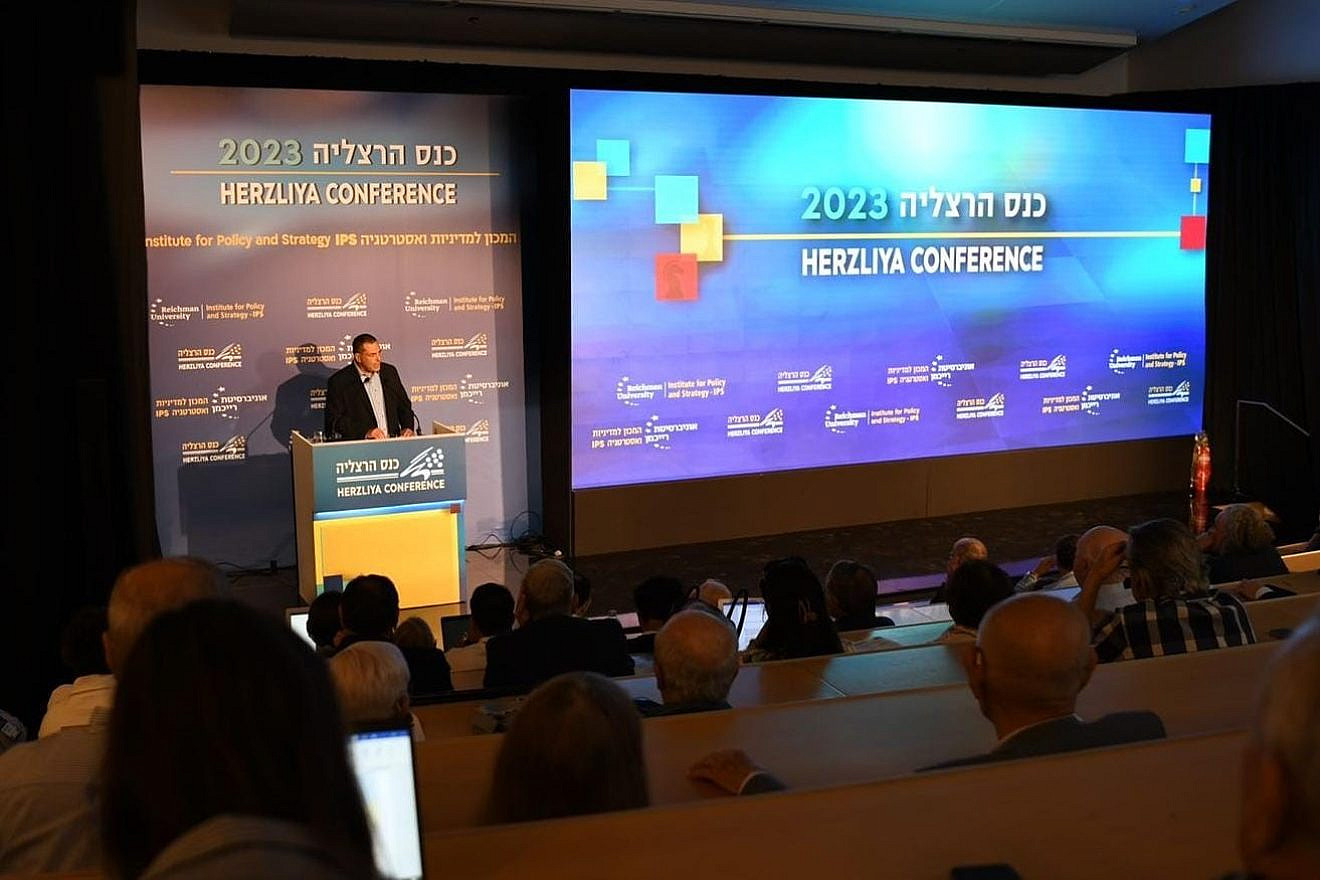 Israeli Defense Ministry Director General Eyal Zamir addresses the 2023 Herzliya Conference, May 22, 2023. Credit: Ministry of Defense Spokesperson’s Office.