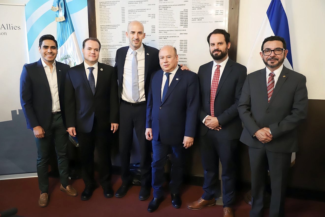 From left: Guatemalan Deputy Anibal Samayoa; IAF Latin America director Leopoldo Martínez; Ambassador of Israel in Guatemala Yiftah Curiel; Israel Allies Caucus president in Guatemala Deputy Fidel Reyes Lee; executive director of the Jewish Community of Guatemala Ilan Lopez; and deputy Jorge Castro. Credit: Courtesy.