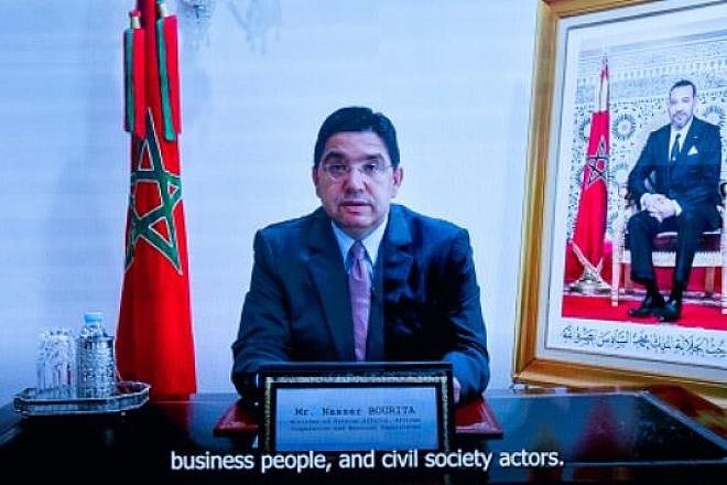 Moroccan Foreign Minister Nasser Bourita addressing the AJC Global Forum in Tel Aviv, June 12, 2023. Credit: American Jewish Committee.