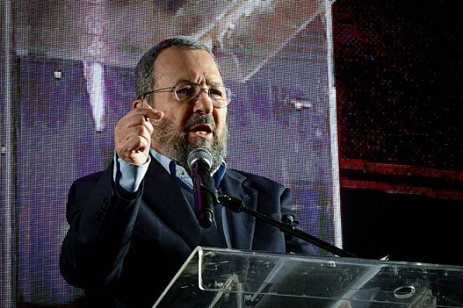 Former Israeli Prime Minister Ehud Barak at a protest in Tel Aviv against the government's planned judicial reforms, Feb. 25, 2023. Photo by Avshalom Sassoni/Flash90.
