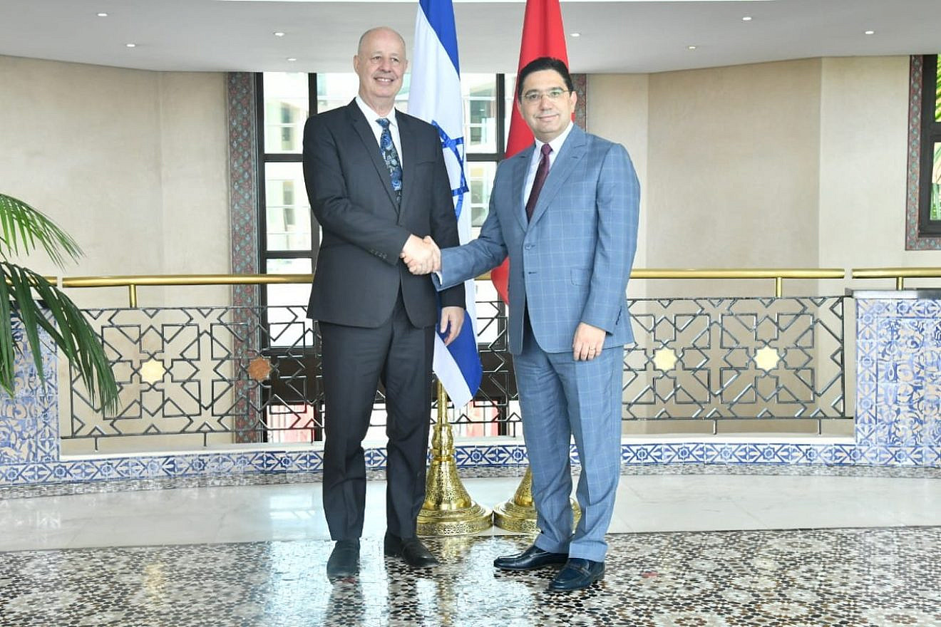 Israeli National Security Adviser Tzachi Hanegbi (left) with Moroccan Foreign Minister Nasser Bourita in Rabat, June 7, 2023. Source: Twitter.