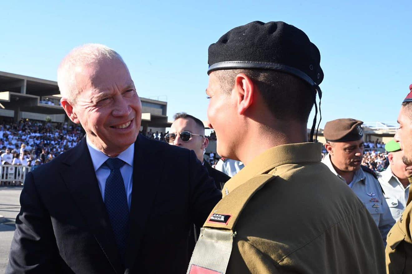 Defense Minister Yoav Gallant congratulates cadet graduates at the Bahad 1 officers training base near Mitzpe Ramon in the Negev, June 28, 2023. Source: Twitter.