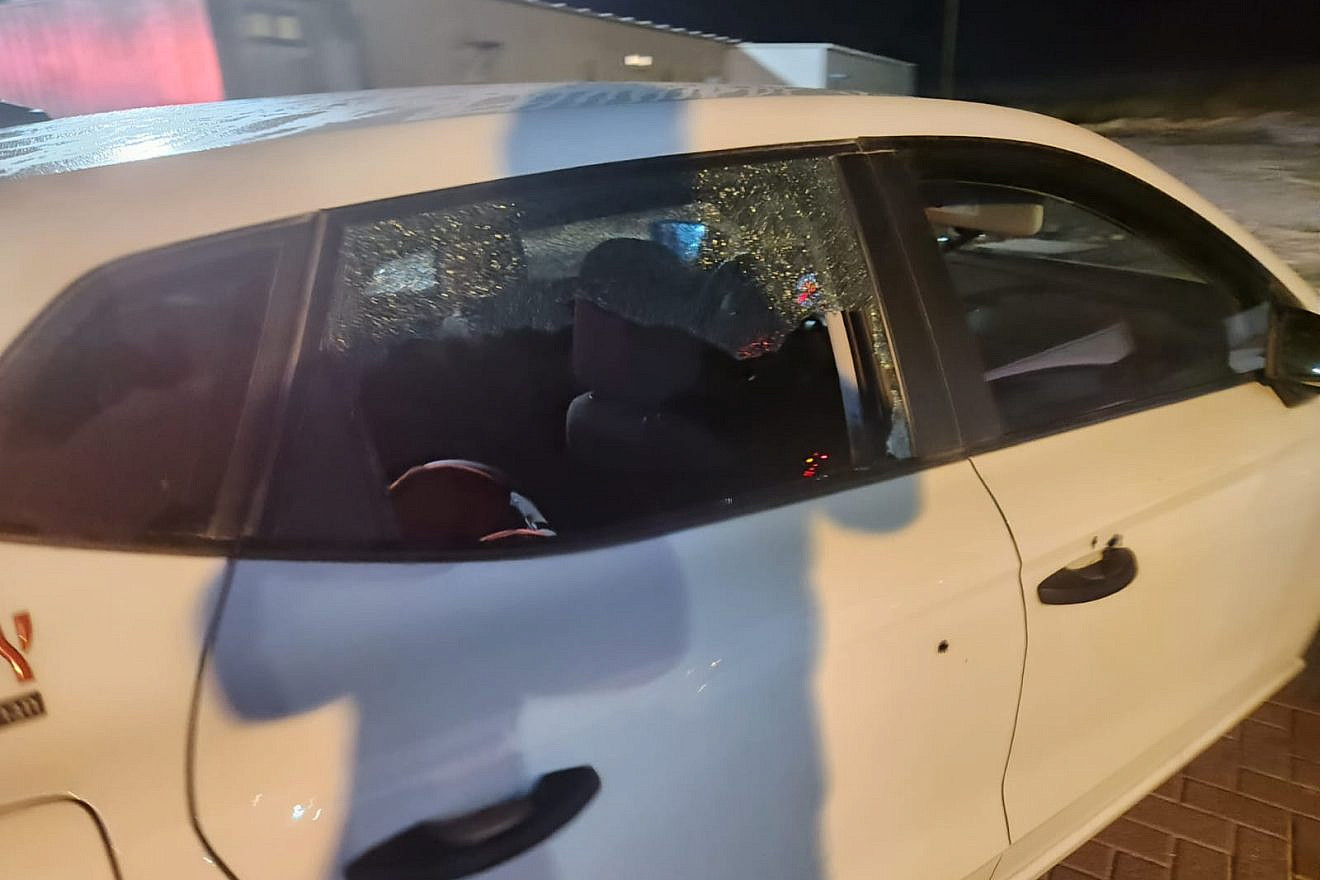 The damaged Israeli-owned car that was hit by 12 bullets near Huwara on June 6, 2023. Credit: Samaria Regional Council
