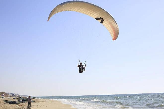 E.U. diplomat Sven Kühn von Burgsdorff went paragliding off the coast of Gaza to raise awareness for a "Free Palestine." Credit: European Union.