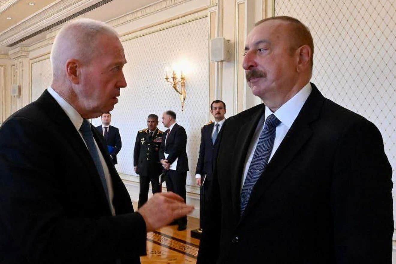 Israeli Defense Minister Yoav Gallant meets with Azeri President Ilham Aliyev in Baku, July 13, 2023. Credit: Ariel Hermoni/IMoD.