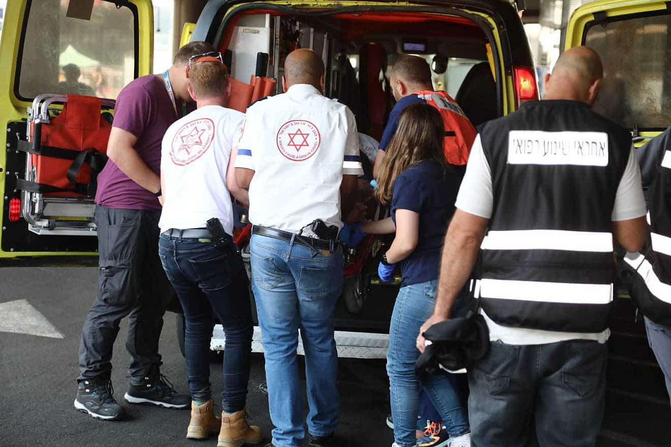 A car-ramming victim is brought to Ichilov Hospital at Sourasky Medical Center in Tel Aviv, July 4, 2023. Photo by Gideon Markowicz/TPS.