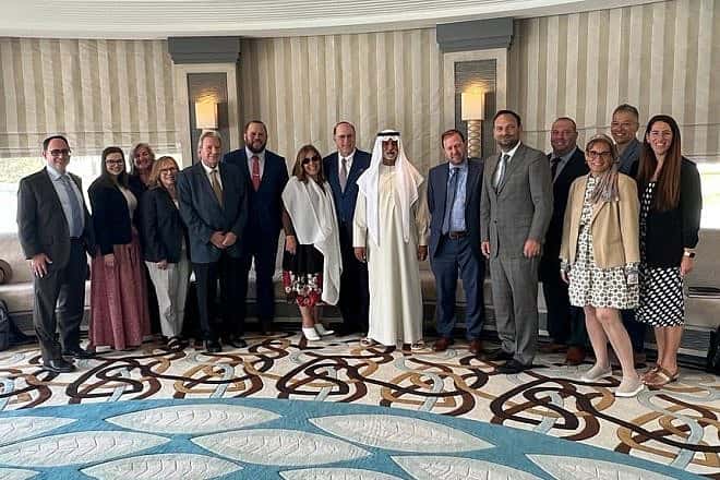 Sheikh Al Nayan with Rabbi Lisa Malik of Wynnewood, Pennsylvania, Rabbi Stuart Weinblatt of Potomac, Maryland, and other members of the Zionist Rabbinic Coalition (ZRC) delegation to the UAE, in the Sheikh’s palace in Abu Dhabi. Credit: courtesy