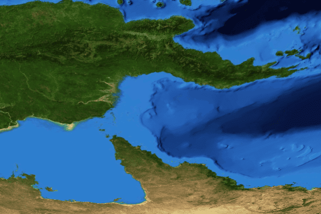 NASA World Wind Landsat or Blue Marble image of Papua New Guinea. Credit: Wikimedia Commons.