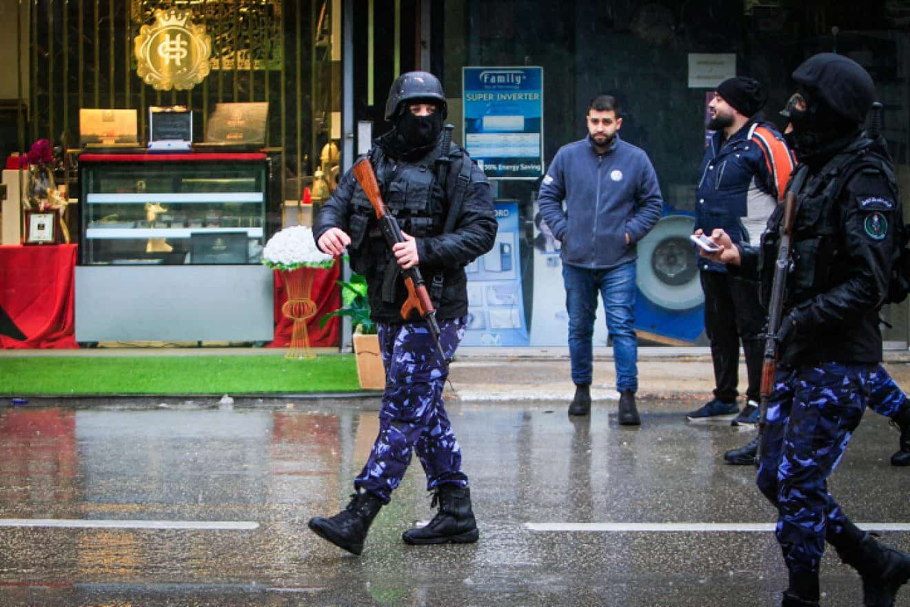 P.A. police officers drill scenarios in Nablus, Samaria, on March 14, 2023. Photo by Nasser Ishtayeh/Flash90.