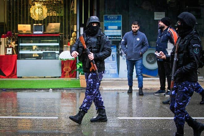 P.A. police officers drill scenarios in Nablus, Samaria, on March 14, 2023. Photo by Nasser Ishtayeh/Flash90.