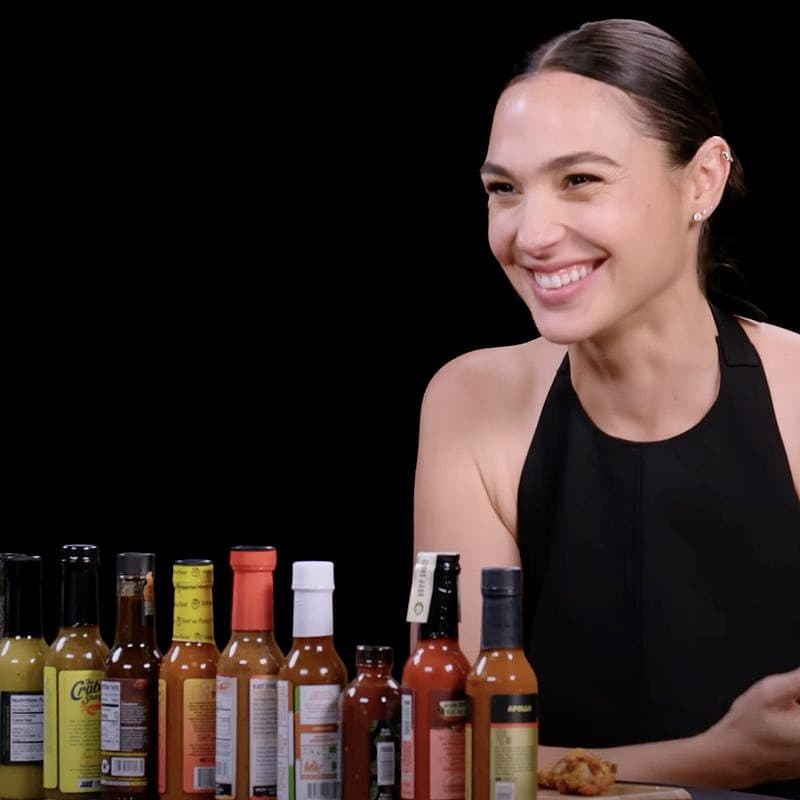 Israeli actress Gal Gadot early on in a 10 spicy chicken-wing interview on the show “Hot Ones.” Source: YouTube.