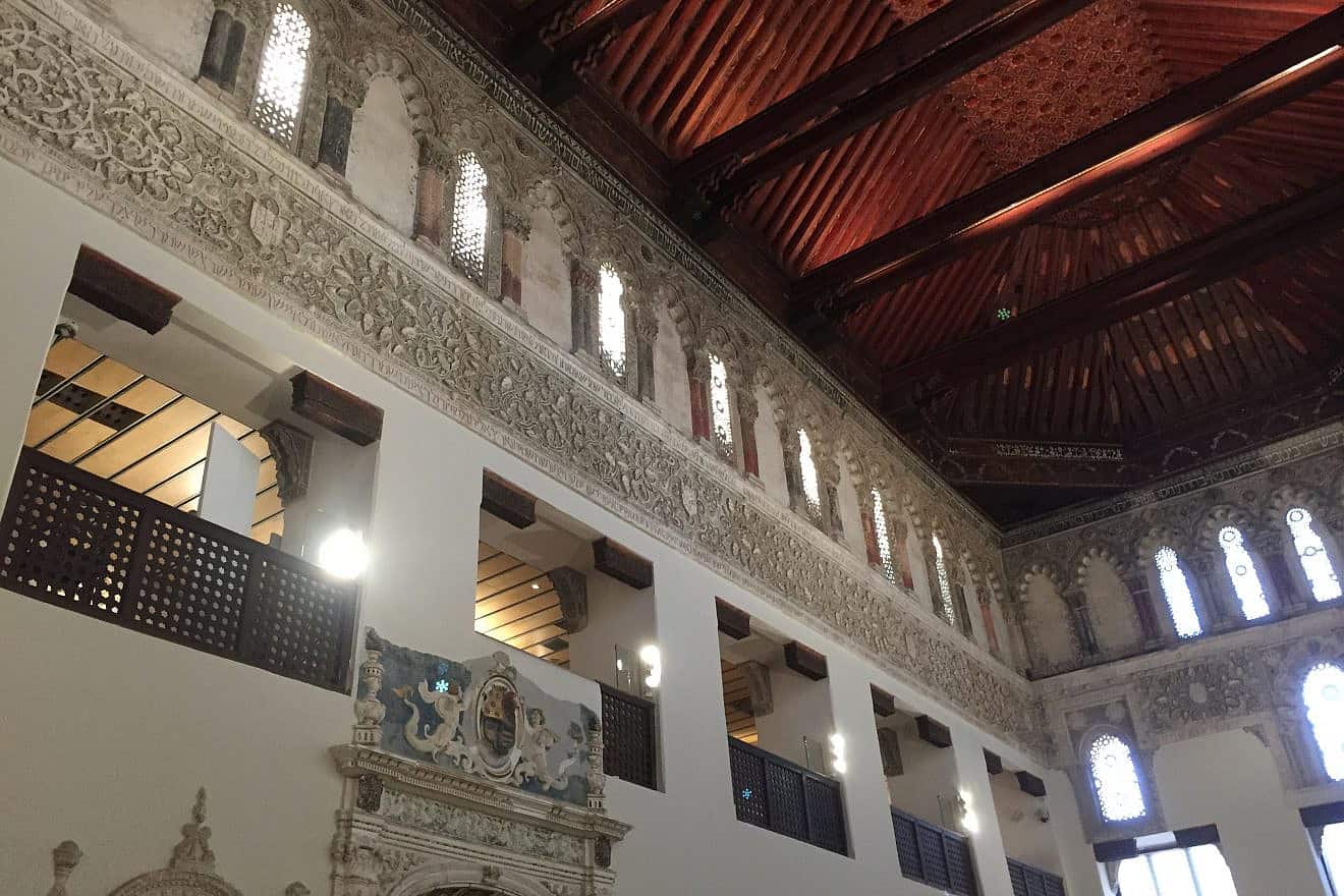 The Synagogue of El Tránsito in Toledo, Spain, which dates back to the 14th century and is home to a Sephardic museum. Its walls are lined with Hebrew inscriptions. Photo by Menachem Wecker.