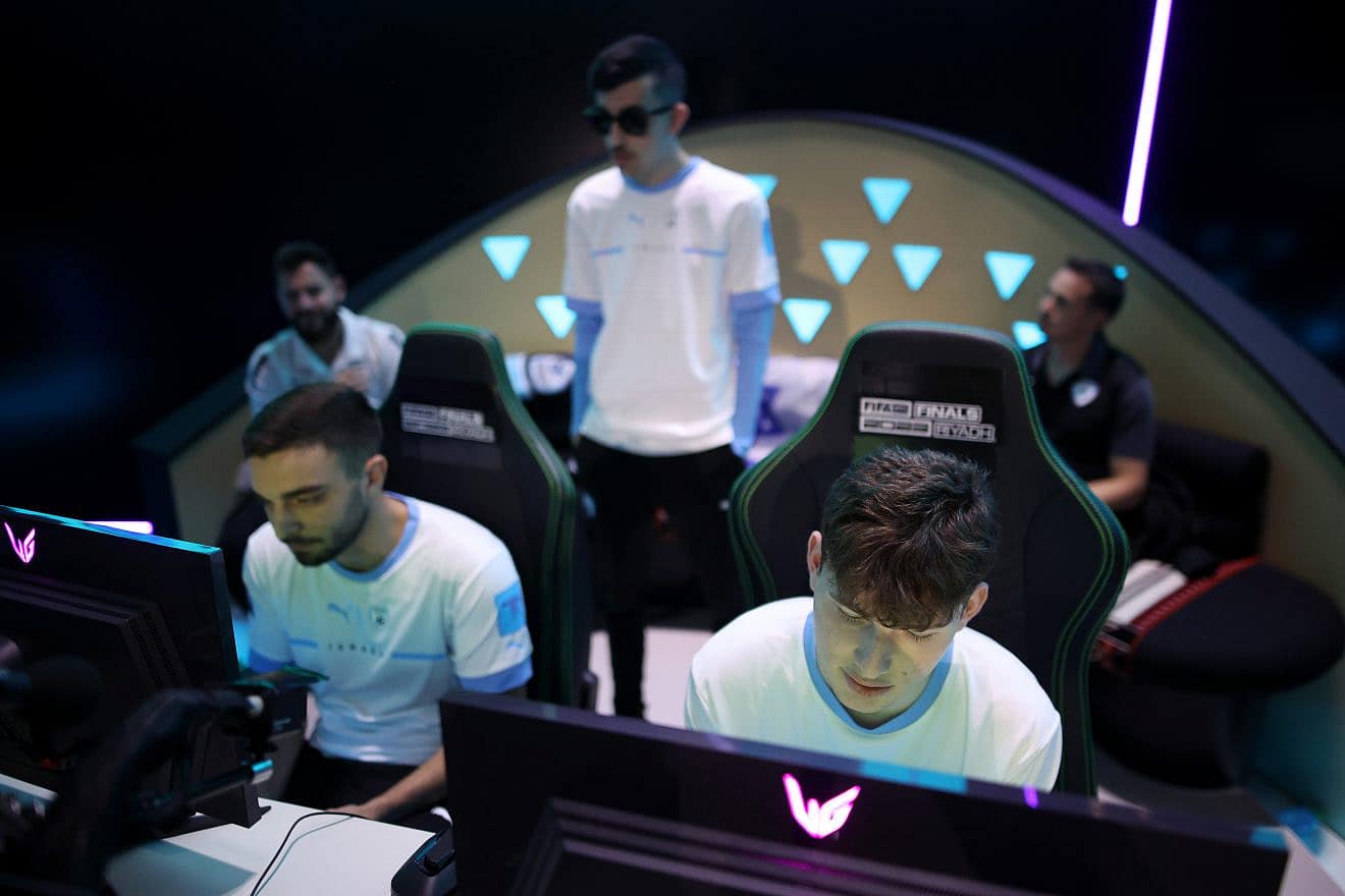 Yuval Blizovsky, Roee Feldman and Naseem Eissat of Team Israel during the Round of 16 Match against Team Italy at the FIFAe Nations Cup 2023 in Riyadh, Saudi Arabia, July 13, 2023. Photo by Joosep Martinson/FIFA.