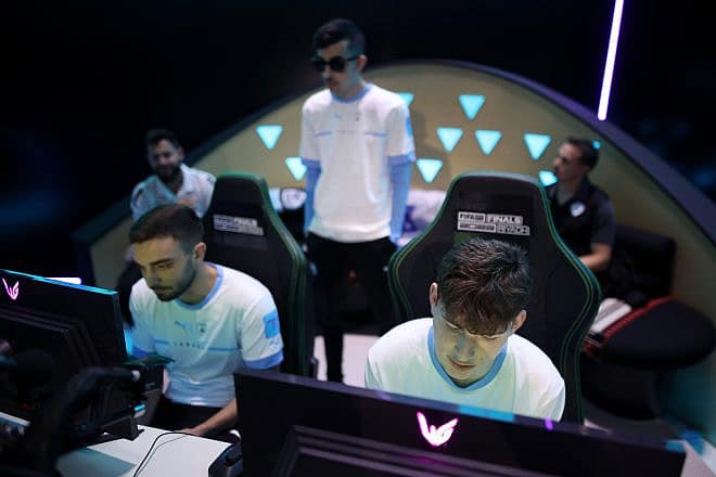 Yuval Blizovsky, Roee Feldman and Naseem Eissat of Team Israel during the Round of 16 Match against Team Italy at the FIFAe Nations Cup 2023 in Riyadh, Saudi Arabia, July 13, 2023. Photo by Joosep Martinson/FIFA.