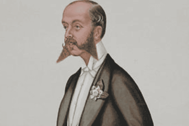 Caricature of Alfred Charles de Rothschild (1842-1918), the first Jew to be director of the Bank of England, published in “Vanity Fair” on May 31, 1884. Credit: Illustration by Leslie Ward via Wikimedia Commons.