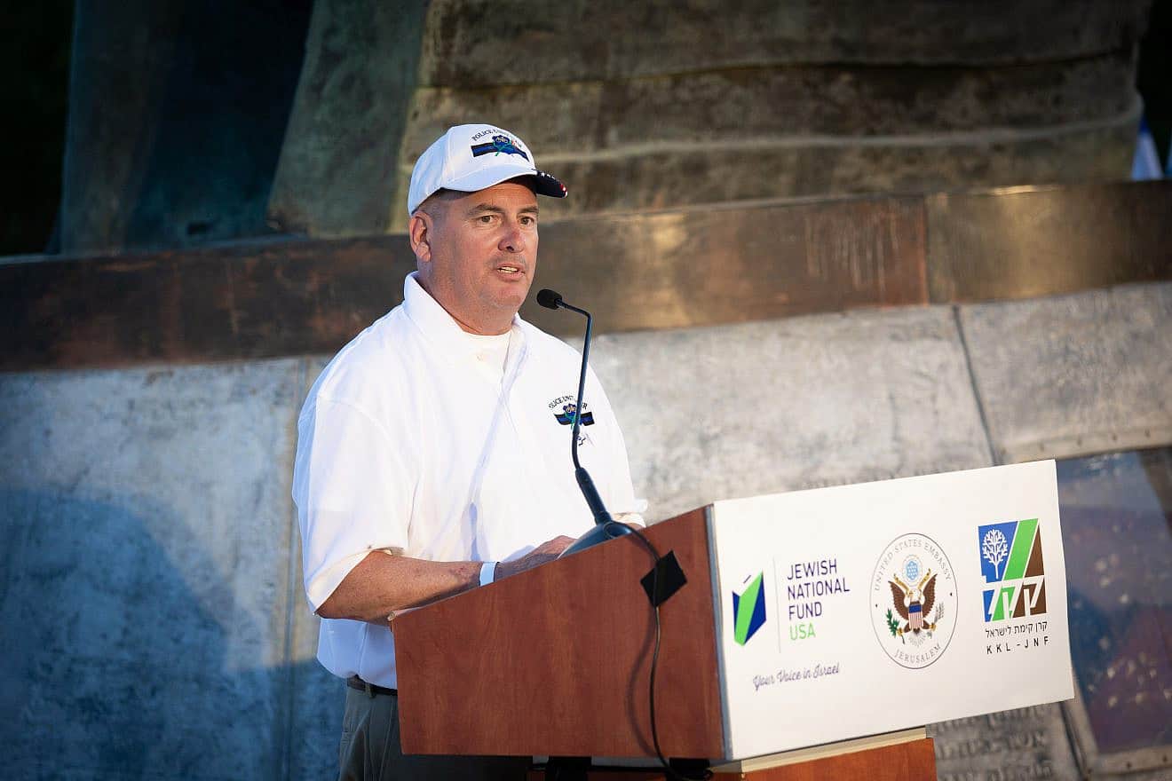 A member of the Policy Unity Tour speaks at the Jewish National Fund-USA's 9/11 memorial in Israel on Sept 11, 2023. Credit: JNF-USA.