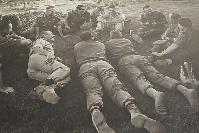 Israeli Defense Forces Chief of Staff Yitzhak Rabin with members of the IDF senior command in 1964—almost 30 years before the signing of the Oslo Accords. Photo by  Avraham Vered/Israel Defense Forces and Defense Establishment Archive from the BaMachaneh collection. (Retake is based on a 2023 historical exhibit on Rabin by the Israeli Ministry of Defense at Ben-Gurion International Airport.)