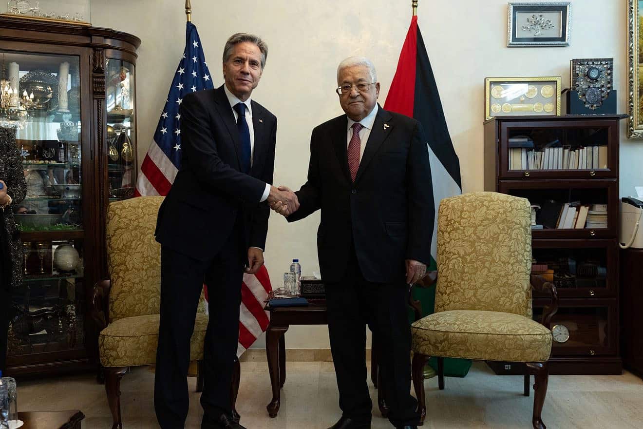 U.S. Secretary of State Antony Blinken with Palestinian Authority leader Mahmoud Abbas in Amman, on Oct. 13, 2023. Credit: Chuck Kennedy/U.S. State Department.