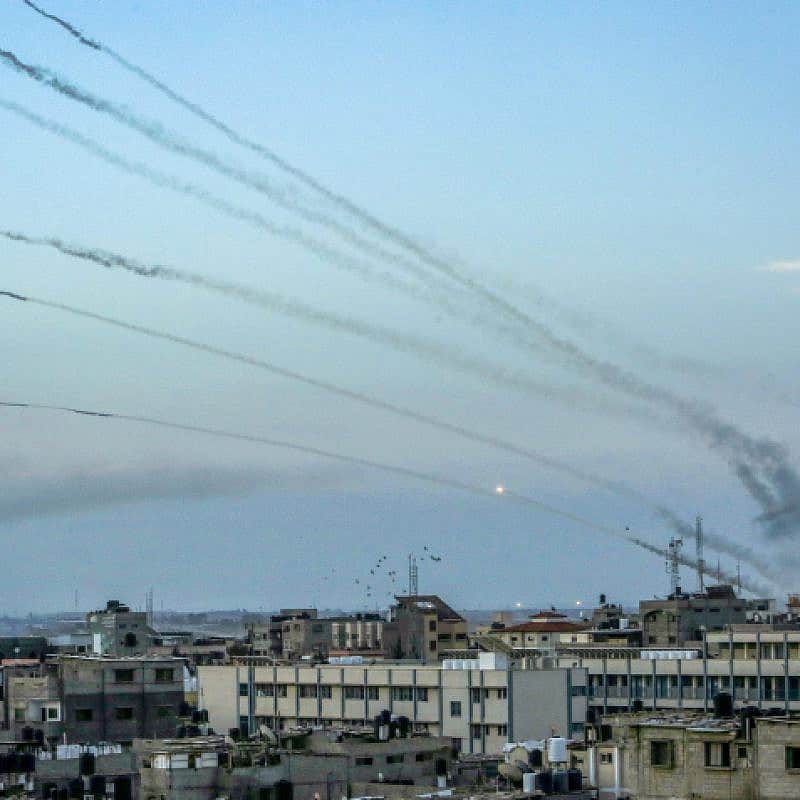 Hamas fires rockets towards Israel from the southern Gaza Strip, Oct. 7, 2023. Photo by Abed Rahim Khatib/Flash90.