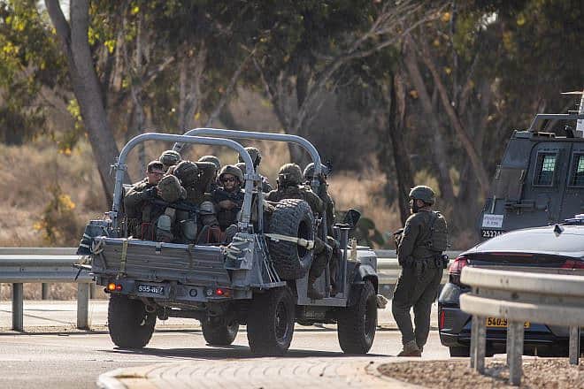 Israeli soldiers patrol a main road near the southern Israeli city of Sderot, Oct. 7, 2023. Photo by Oren Ben Hakoon/Flash90.