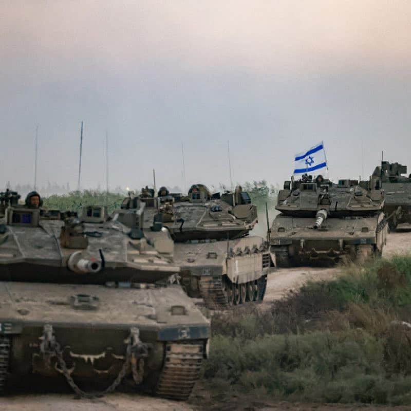 A column of Israeli tanks near the border with Gaza, Oct. 12, 2023. Photo by Chaim Goldberg/Flash90.