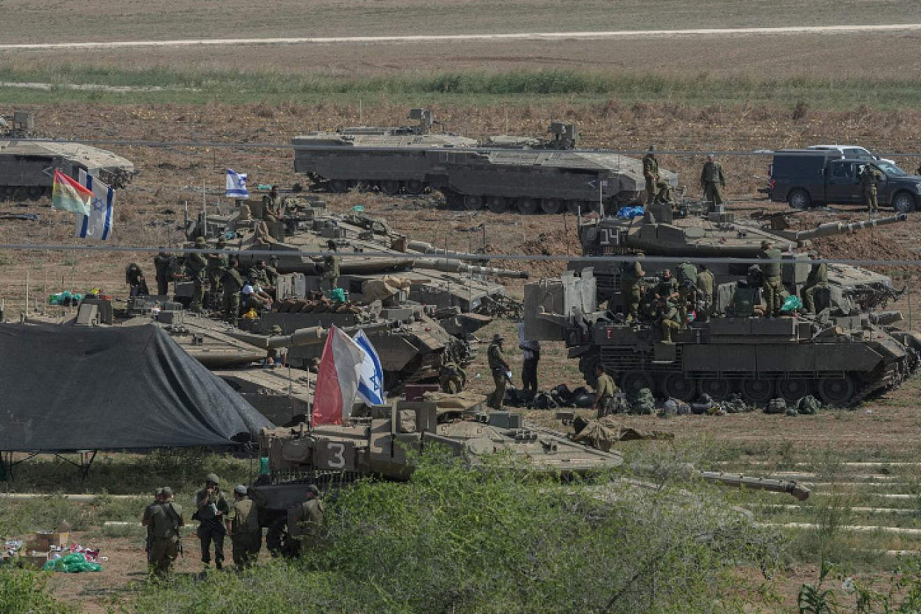 Israeli soldiers at a staging area near the Israeli border with Gaza, Oct. 14, 2023. Photo by Erik Marmor/Flash90.