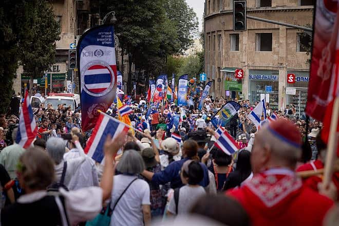 Thousands of Christian evangelists and Israelis march at a parade in center of Jerusalem, marking the Jewish holiday of Sukkot or the Feast of the Tabernacles, Oct. 4, 2023. Photo by Chaim Goldberg/Flash90..