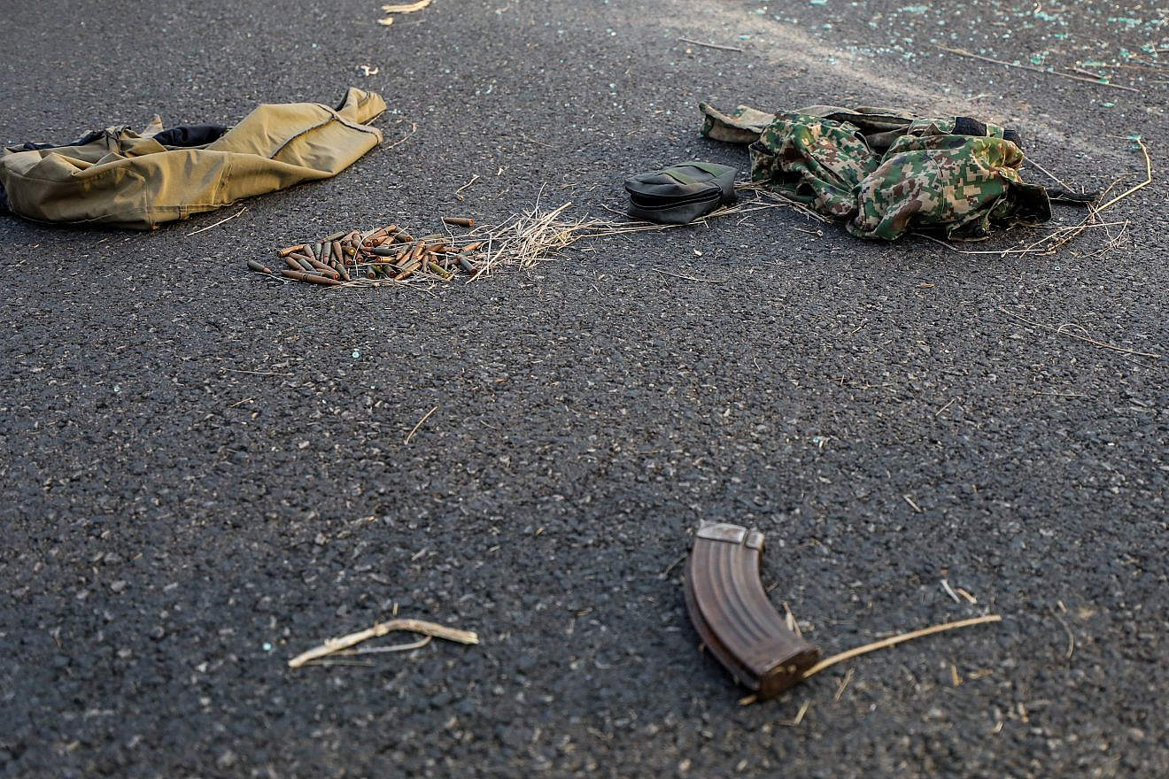 The scene on a main road near the southern Israeli city of Sderot after Israelis were killed by Hamas terrorists from the Gaza Strip after they infiltrated the border and launched a barrage of rocket fire , Oct. 7, 2023. Photo by Jamal Awad/Flash90.