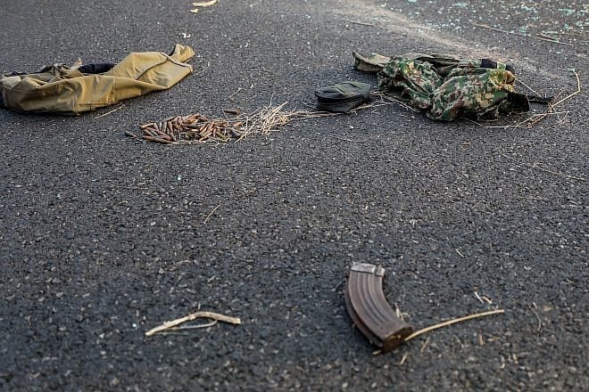 The scene on a main road near the southern Israeli city of Sderot after Israelis were killed by Hamas terrorists from the Gaza Strip after they infiltrated the border and launched a barrage of rocket fire , Oct. 7, 2023. Photo by Jamal Awad/Flash90.