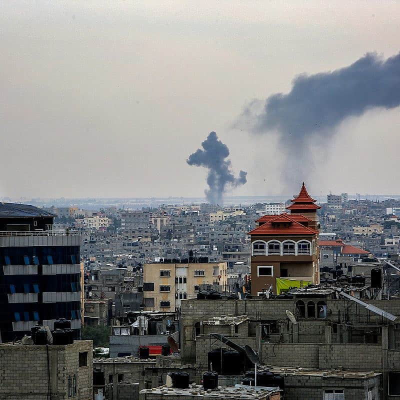 Smoke rises after the Israel Air Forces strikes Hamas targets in the Gaza Strip Oct. 27, 2023. Photo by Abed Rahim Khatib/Flash90.