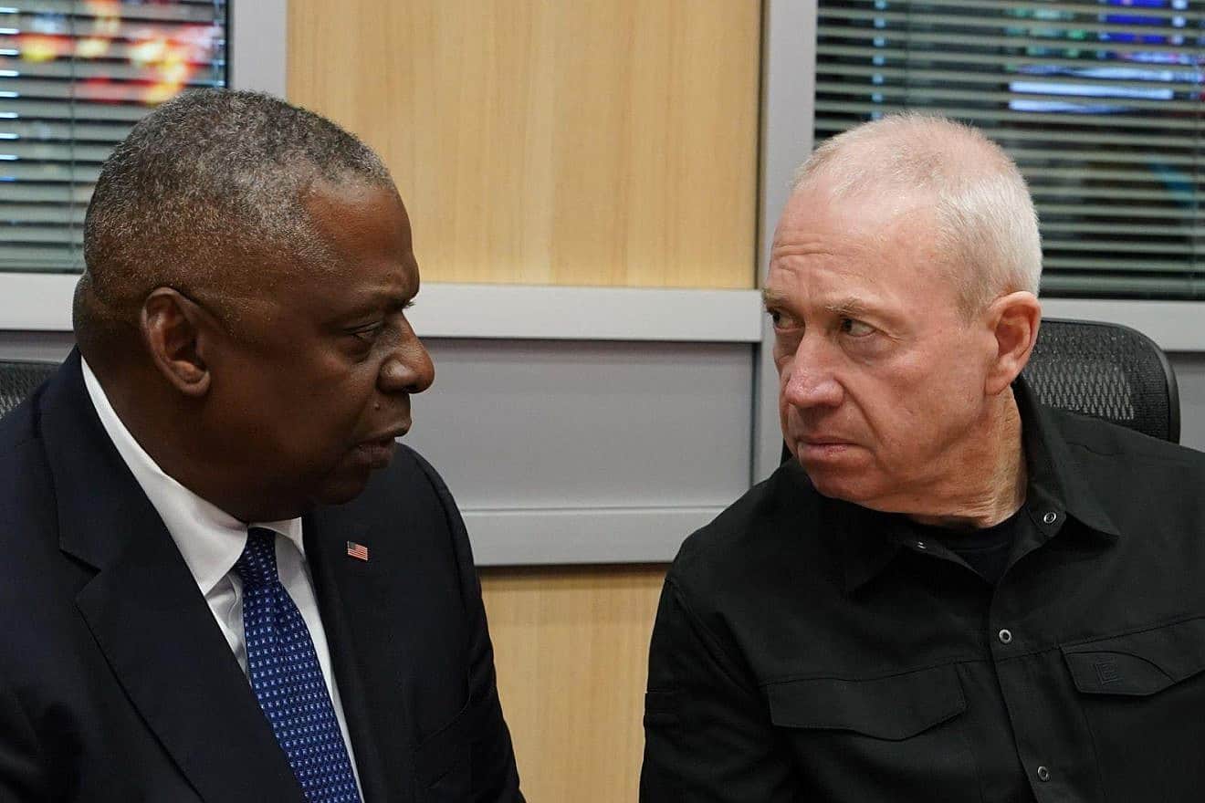 U.S. Secretary of Defense Lloyd Austin (left) meets with Israeli Defense Minister Yoav Gallant in Israel on Oct. 13, 2023. Photo by Ariel Hermoni (Israeli Ministry of Defense).