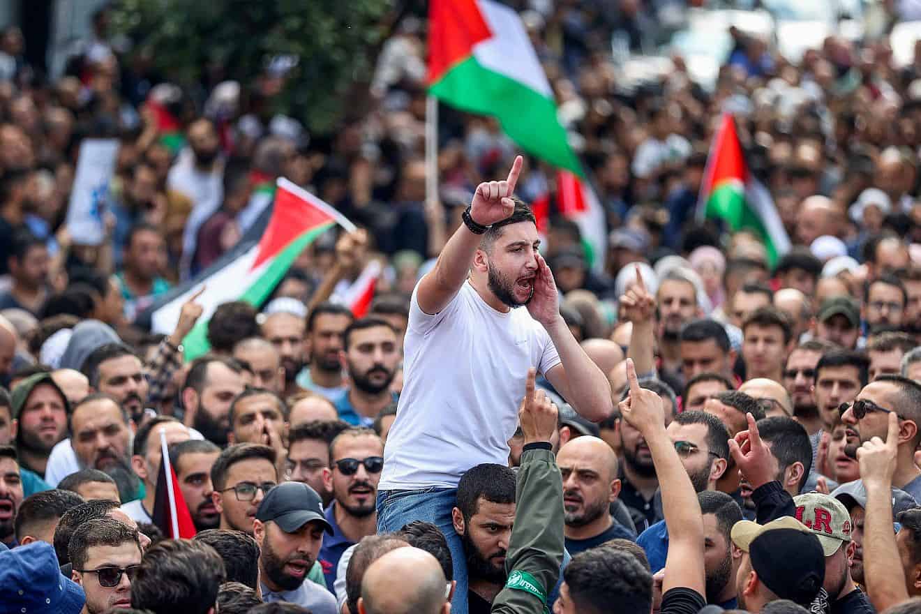 Palestinians protest against Israel in the West Bank city of Ramallah on Oct. 18, 2023. Photo by Flash90.