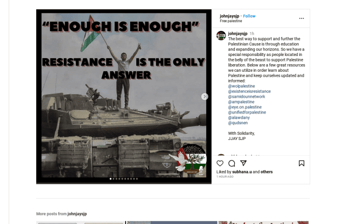 A post by the John Jay College of Criminal Justice chapter of Students for Justice in Palestine. Source: screenshot/Douglas Sandoval