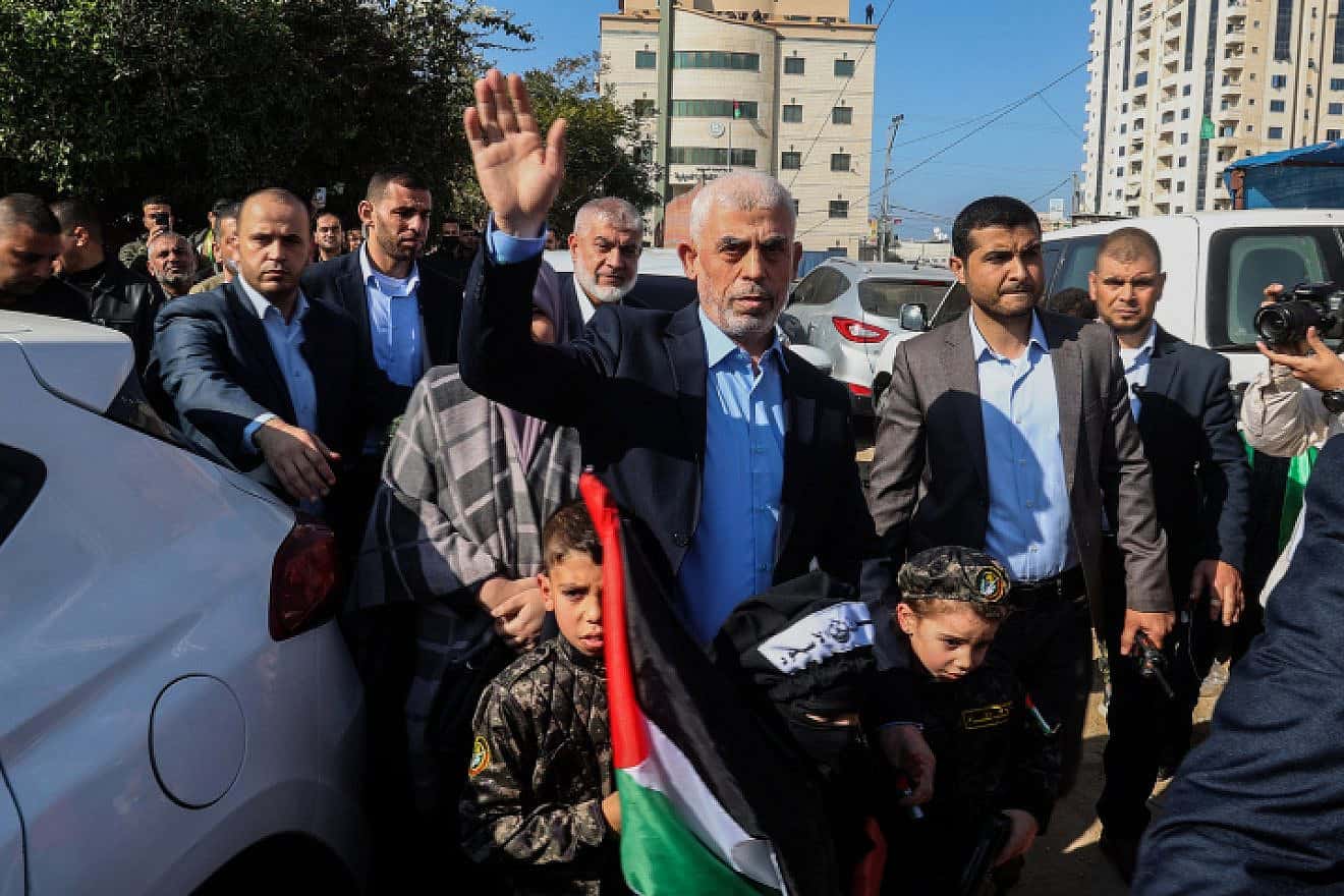 Yahya Sinwar, Hamas's leader in the Gaza Strip, at a rally in Gaza City marking the movement's 35th anniversary, Dec. 14, 2022. Photo by Atia Mohammed/Flash90.