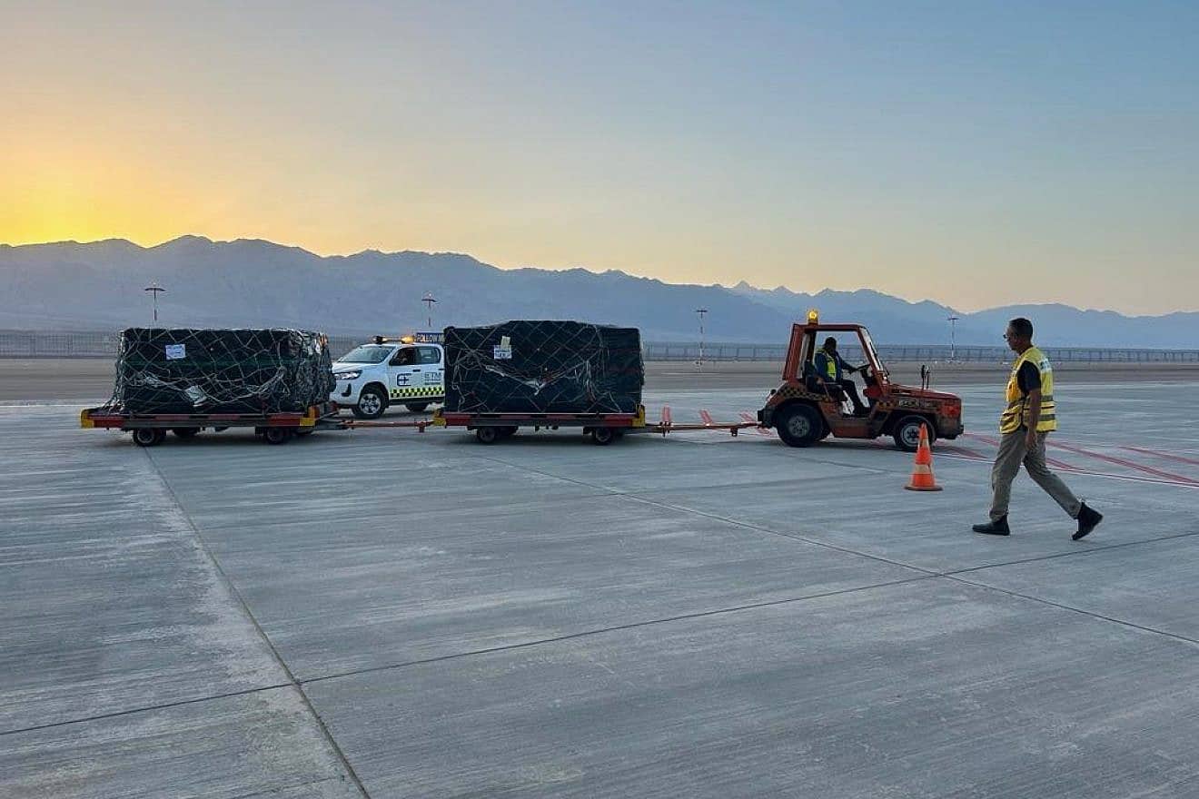 A 45th aircraft landed in Israel bringing supplies for the war against Hamas in the Gaza Strip, an initiative coordinated by the Israel Ministry of Defense and the Israel Defense Forces, Oct. 20, 2023. Credit: Israeli Ministry of Defense Spokesperson's Office.