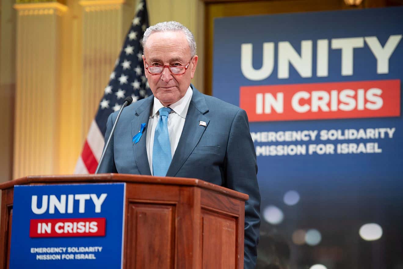 Senate Majority Leader Chuck Schumer (D-N.Y.) speaks at Sixth & I before 50 American Jewish leaders visit Israel, on Oct. 18, 2023. Photo courtesy of Bo Harris.