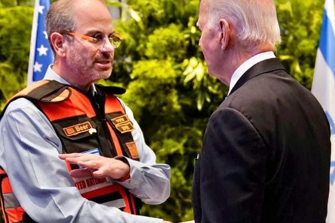 United Hatzalah founder and president Eli Beer meets with U.S. President Joe Biden in Tel Aviv on Wednesday. Credit: United Hatzalah.