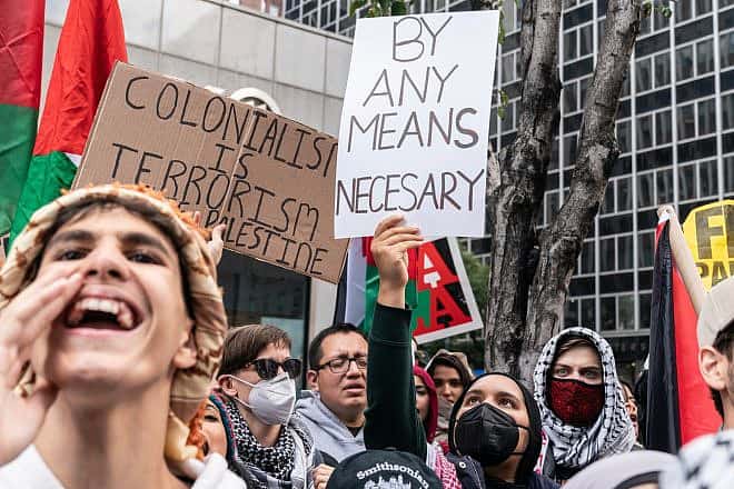 Hamas backers rally in N.Y.'s Times Square in support of the organization's Oct. 7 mass terrorist attack, Oct. 9, 2023. Photo by Lev Radin/Shutterstock.
