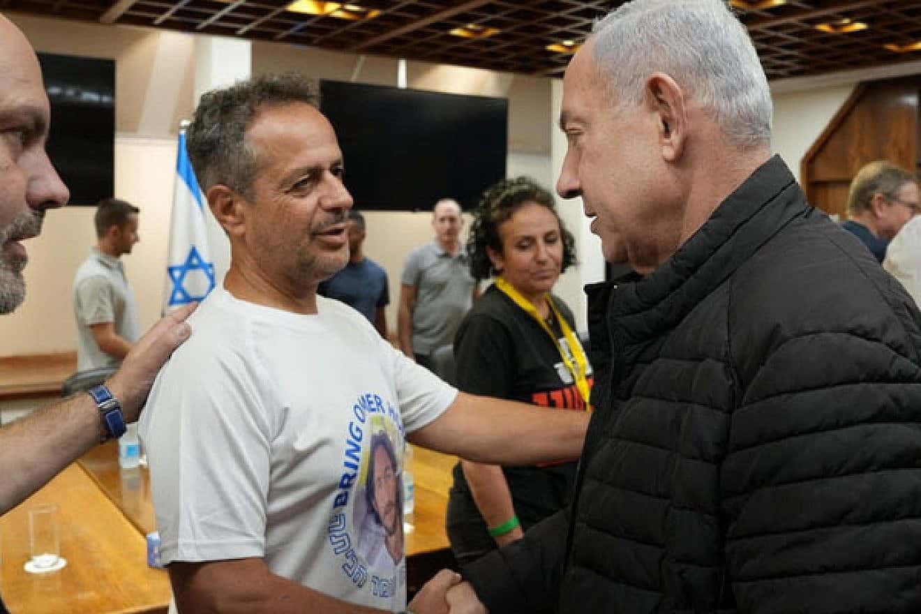 Prime Minister Benjamin Netanyahu meets in Tel Aviv with relatives of those held hostage by Hamas in Gaza, Oct. 28, 2023. Credit: GPO.