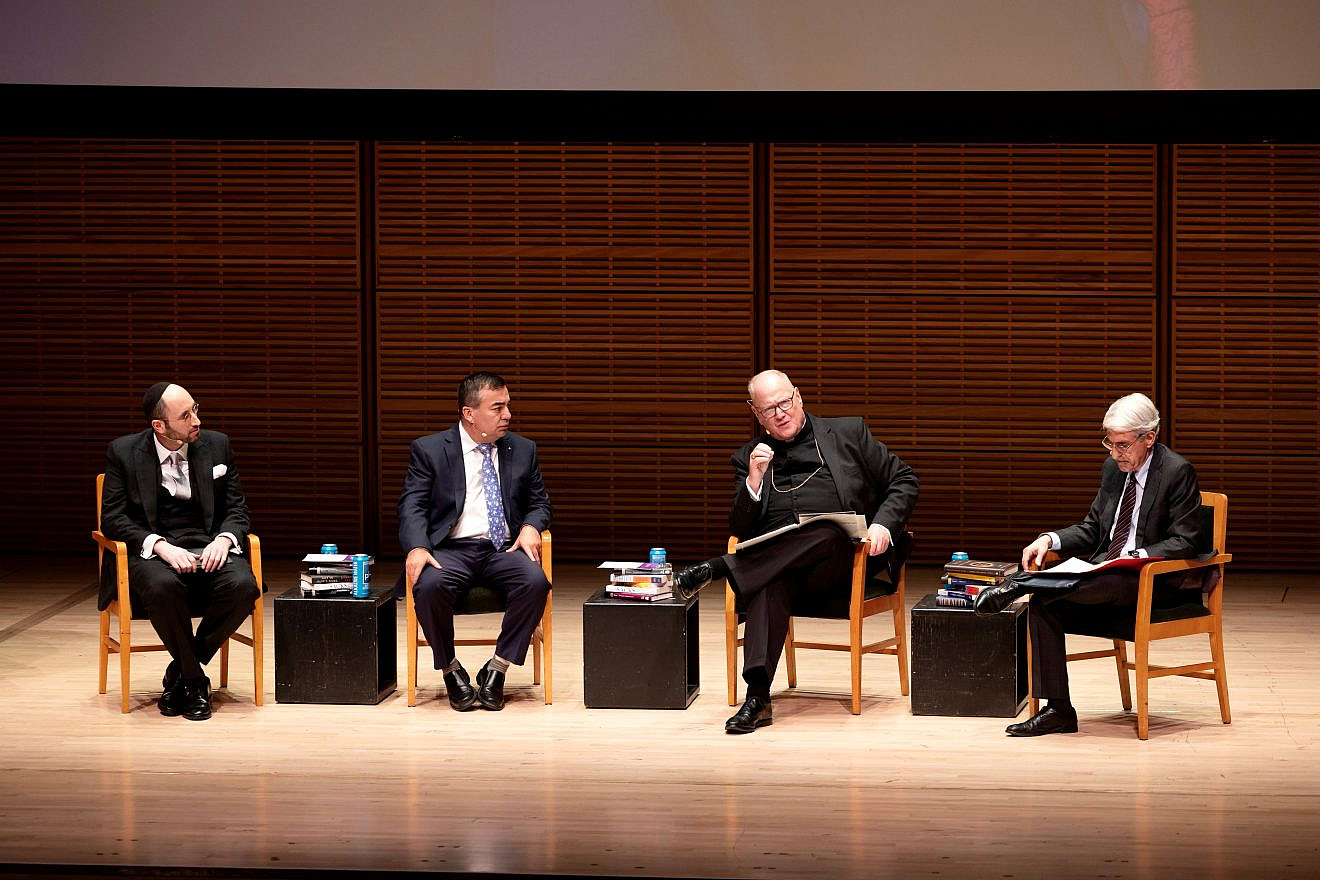 An interfaith panel discussion at the 2023 Sacks Conversation at Carnegie Hall in New York City featured (from left) Rabbi Dr. Meir Soloveichik, Imam Abdullah Antepli, Cardinal Timothy Dolan and moderator Peter Salovey, the president of Yale University, Oct. 31, 2023. Credit: Zush Photography.