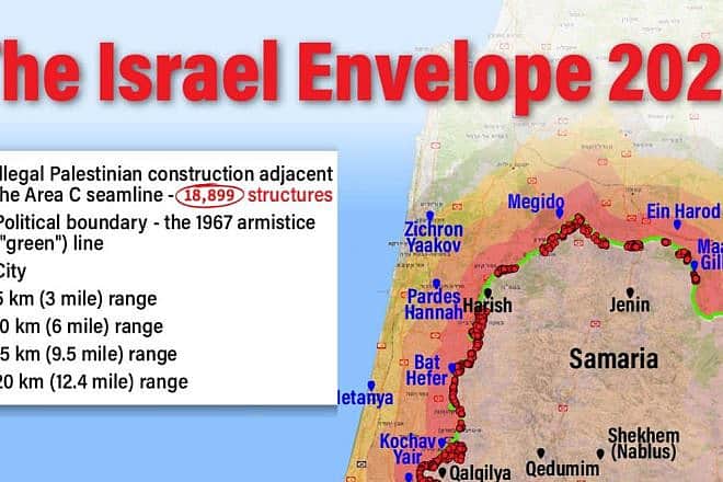A new map from Israeli NGO Regavim showing illegal Palestinian construction along the Judea and Samaria security barrier. Credit: Regavim.