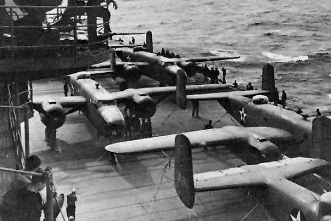 B-25 Mitchell bombers onboard the “USS Hornet” (CV-8) aircraft carrier during the Doolittle Raid operation; April 18, 1942. Credit: U.S. Navy via Wikimedia Commons.