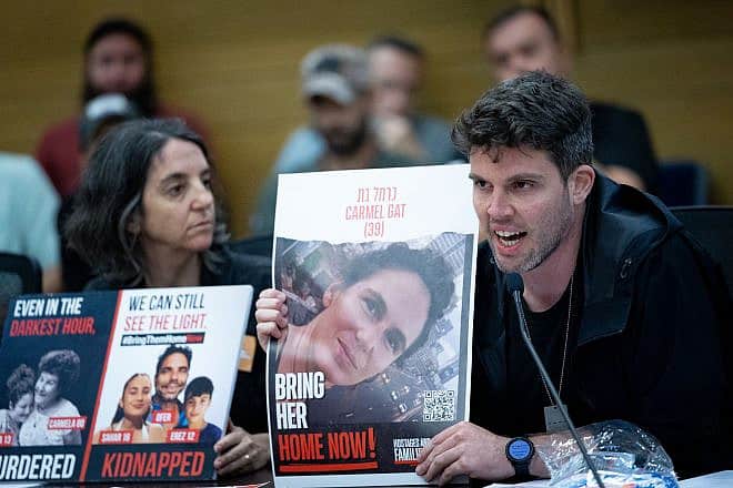 Israelis whose family members are being held by Hamas attend a meeting at the Knesset on Nov. 20, 2023. Photo by Yonatan Sindel/Flash90.