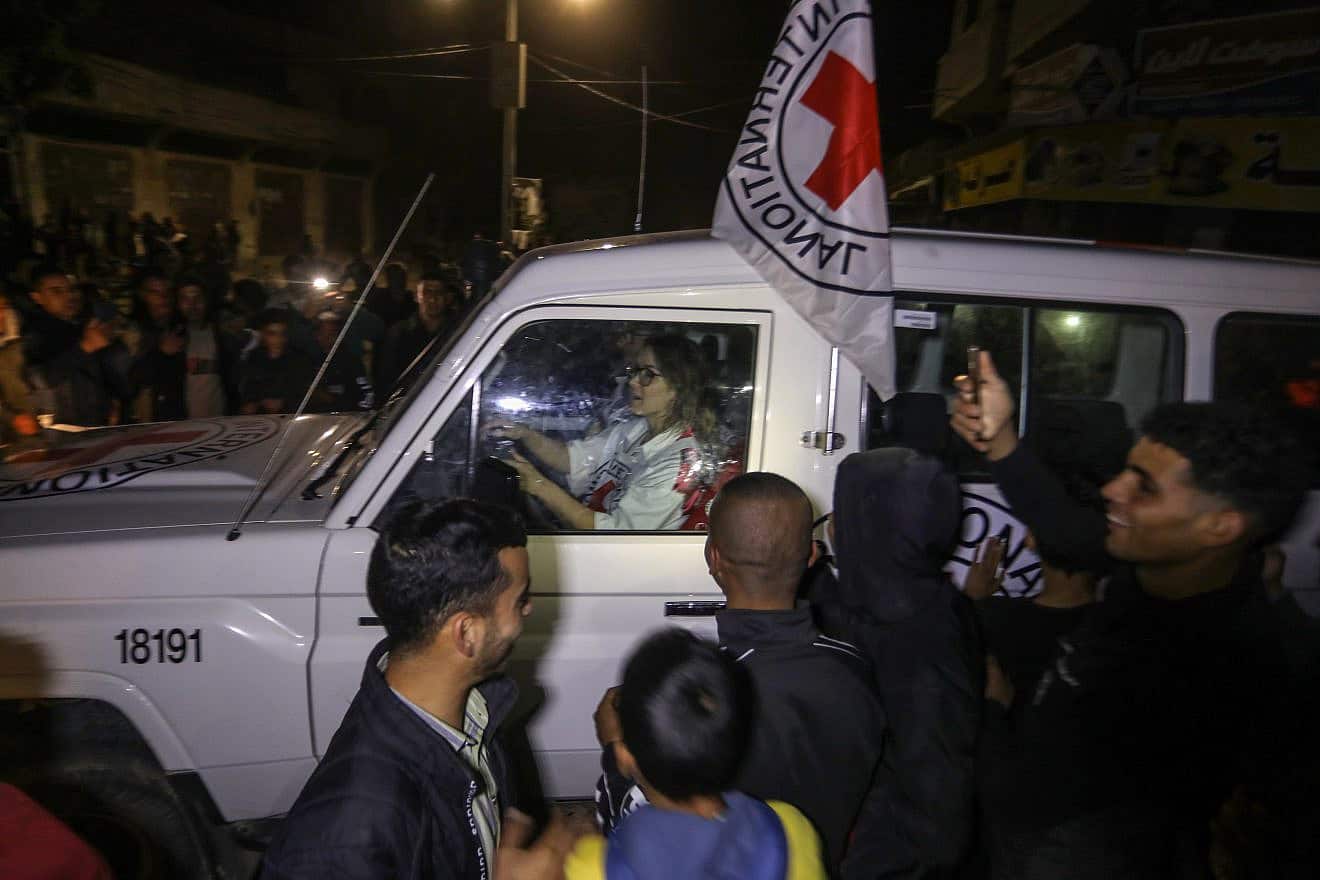 Hamas terrorists release Israeli hostages to the Red Cross in the Gaza Strip, on Nov. 28, 2023. Photo by Flash90.