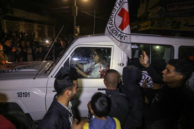 Hamas terrorists release Israeli hostages to the Red Cross in the Gaza Strip, on Nov. 28, 2023. Photo by Flash90.