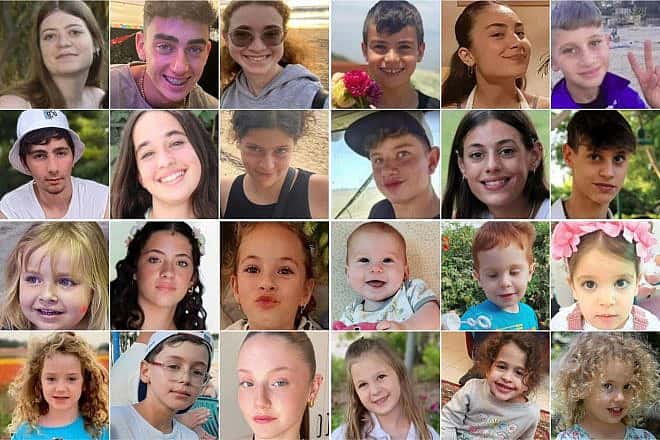 A photo collage of the 40 Israeli children under the age of 18 being held hostage by Hamas in the Gaza Strip. Source: X/Twitter.