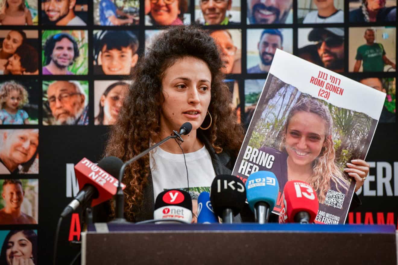 Relatives of Israelis held hostage by Hamas in Gaza hold a press conference in Tel Aviv, Nov. 29, 2023. Photo by Avshalom Sassoni/Flash90.